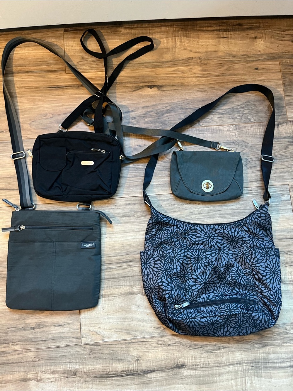 Baggallini Crossbody Bag Bundle of 4 Black, Grey, and Floral.